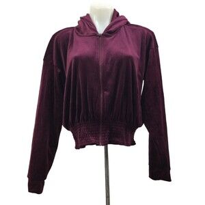 Saturday Sunday Anthropologie Catie Cropped Velvet Zip Up Hoodie Jacket Wine M